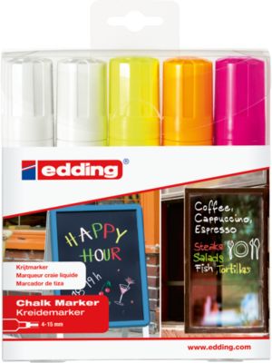 Kreidemarker edding 4090 4-15mm, 2 x weiß, 1xneongelb, 1xneonorange, 1xneonpink