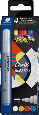 Kreidemarker STAEDTLER Lumocolor®, Rundspitze, Strichbreite 2,4 mm, für glatte Oberflächen, Flüssigkeit auf Wasserbasis, 4er-Set farbsortiert