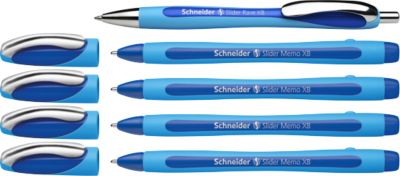Kugelschreiber Etui Schneider, 4 x Slider Memo XB Schreibfarbe schwarz + 1 x Slider Rave XB Schreibfarbe blau, dokumentenecht, ViscoGlide®-Technologie