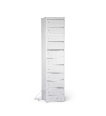 Laptopschrank mit Ladefunktion, 10 Abteile mit Zylinderschloss, Stahlblech lichtgrau RAL 7035/ lichtgrau RAL 7035