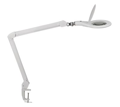 LED Lupenleuchte MAULmakro, 3-Dioptrien-Linse, 8 W, 580 lm, 6500 K, Arm um 360° dreh-& neigbar, höhenverstellbar, Klemmfuß, weiß