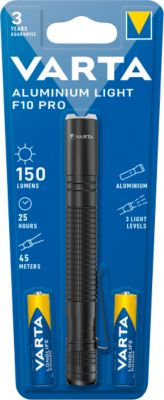 LED-Taschenlampe Varta Aluminium Light F10 Pro, 150 Lumen, 45 m Reichweite, bis zu 25 h, inkl. 2 AAA-Batterien, ⌀ 20 x H 133 mm, schwarz