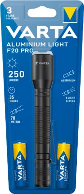 LED-Taschenlampe Varta Aluminium Light F20 Pro, 250 lm, 70 m Reichweite, bis 35 h, inkl. 2 Batterien, ⌀ 42 x H 167 mm, eloxiertes Aluminium, schwarz