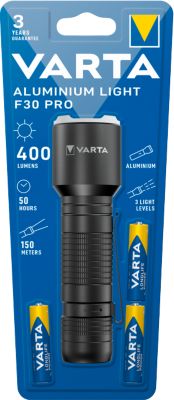 LED-Taschenlampe Varta Aluminium Light F30 Pro, 400 lm, 150 m Reichweite, bis 50 h, inkl. 3 AAA Batterien, ⌀ 36 x H 129 mm, Aluminium, schwarz