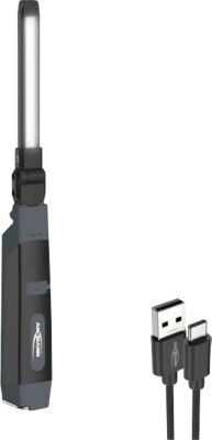 LED-Werkstattleuchte Ansmann IL500R, 500 lm (Hauptleuchte), 130 lm (Knopfleuchte), bis zu 12 h, IP20, IK07, B 43 × T 33 x H 320 mm, schwarz