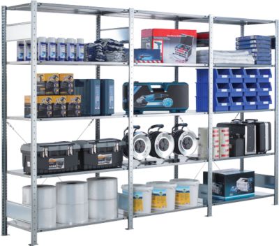 Legbordstelling - 1 basis- + 2 aanbouwelementen - staal - B 3072 x D 300 x H 2000 mm - met 15 legborden - grijs