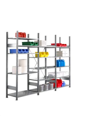 Legbordstelling R 3000 , B 3105 x P 300 x H 2278 mm, 3 stellingsecties: 1 basis- en 2 aanbouwsecties inclusief 15 in hoogte verstelbare legborden, gegalvaniseerd