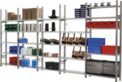 Legbordstelling R 3000, complete stelling 5,155 m, 1 basis- en 4 aanbouwsecties incl. 25 legborden, gegalvaniseerd, H 2278 x B 5155 x D 400 mm