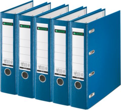 LEITZ® Doppelordner 1012, 2 x A5, Rückenbreite 75 mm, Präzisions-Hebelmechanik, Sichttasche für Rückenschild, Griffloch, Polypropylen, blau, 5 Stück