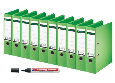 LEITZ® Ordner 1007, DIN A4, 80 mm, 10 Stück, grün + GRATIS edding Permanentmarker 3000