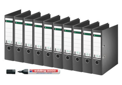 LEITZ® Ordner 1007, DIN A4, 80 mm, 10 Stück, schwarz + GRATIS edding Permanentmarker 3000