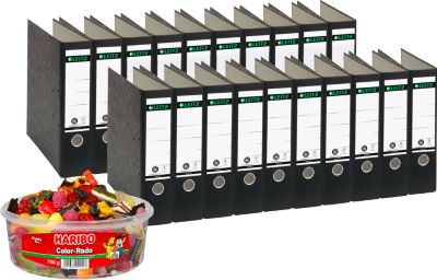 LEITZ® Ordner 1080 + 750 g HARIBO Color-Rado Party-Box, DIN A4, Rückenbreite 80 mm, 20 Stück, schwarz