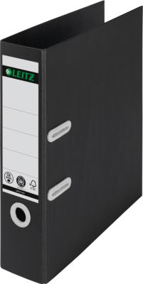 LEITZ® Ordner Recycle, DIN A4, Rückenbreite 80 mm, 180°-Hebelmechanik, Rückenschild & Griffloch, zu 100 % recycelbar, schwarz