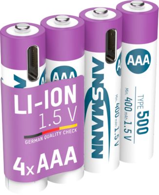 Li-Ion Akkus ANSMANN Micro AAA, 1,5 V, Typ 500 (min. 400 mAh), 0,74 Wh, Type C Ladung, 4 Stück