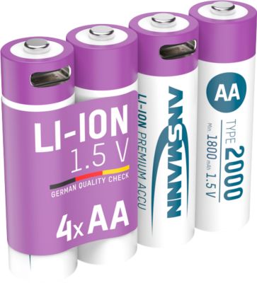 Li-Ion Akkus ANSMANN Mignon AA, 1,5 V, Typ 2000 (min. 1800 mAh), 3,26 Wh, Type C Ladung, 4 Stück