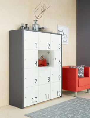 Lockerkast, B 1250 x D 430 x H 1548 mm, 12 afsluitbare vakken met cijfers, wit/basaltgrijs