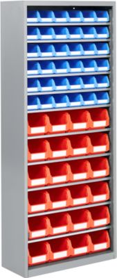 Magazinregal, 1690 mm hoch, 11 Böden, 60 Sichtlagerkästen SSI Schäfer Serie PROFI LF 211/221, hellsilber