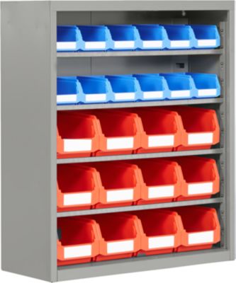 Magazinregal, 830 mm hoch, 4 Böden, 24 Kästen, weißalu