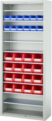 Magazinregal C+P Serie 13, mit 28 Sichtlagerkästen SSI Schäfer Serie PROFI LF 211/221, 10 Fachböden, abschliessbar, B 700 x T 300 x H 1690 mm, Stahl, lichtgrau RAL 7035