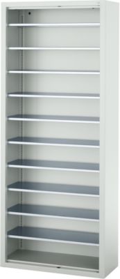 Magazinregal C+P Serie 13, ohne Sichtlagerkästen, 10 Fachböden, abschliessbar, B 700 x T 300 x H 1690 mm, Stahl, lichtgrau RAL 7035