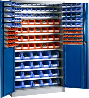 Magazinschrank, mit Ausstattung, B 1200 x T 500 x H 1935 mm, weißaluminium/enzianblau