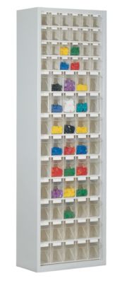 Magazinschrank, Volumen 333 l, 69 herausnehmbare Klappkästen mit Griffmulde, B 665 x T 250 x H 2000 mm, lichtgrau/transparent