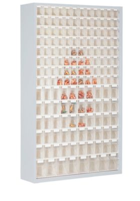Magazinschrank, Volumen 635 l, 154 herausnehmb. Klappkästen m. Griffmulde, B 1270 x T 250 x H 2000 mm, l.grau/transparent