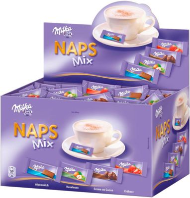 Minischokolade Milka Naps Mix, bestehend aus den Sorten Alpenmilch Schokolade, Alpenmilch-Schokolade mit Kakaocrème, Erdbeergeschmack & Haselnussstückchen, 1,702 kg