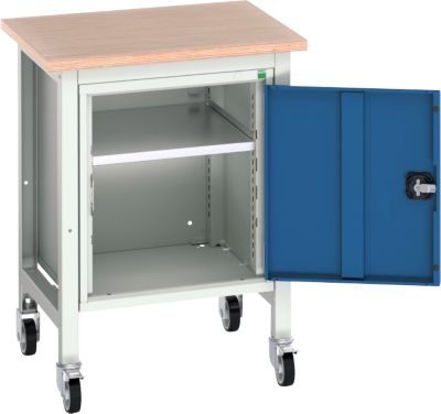 Mobile Werkbank Bott verso, Multiplex-Platte, 1 Tür & 1 Ablageboden, Rollen, B 700 x T 600 x H 930 mm, RAL 7035 Lichtgrau / Enzianblau