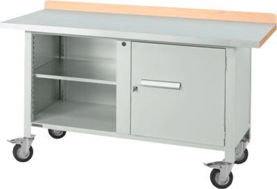 Mobile Werkbank Schäfer Shop Select PWi 150-1, Buche-Dekor Multiplexplatte, mit Stahlabdeckung, bis 400 kg, B 1500 x T 700 x H 840 mm