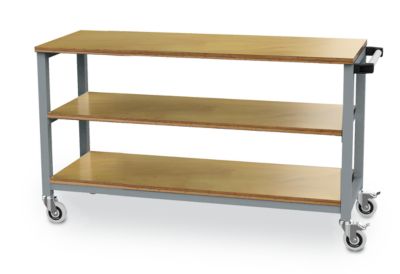 Mobiler Arbeitstisch Bedrunka+Hirth, Buche-Multiplex-Arbeitsplatten, 1 Fachboden, Schiebegriff, bis 400 kg, B 1200 x T 540 x H 880 mm, Stahlblech