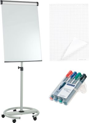 Mobiles Flipchart MAUL solid plus, Hochformat, höhenverstellbar, magnethaftend, 2 Papierhalter, B 660 x H 970 mm + 5 Blöcke à 20 Blatt & 4 Marker