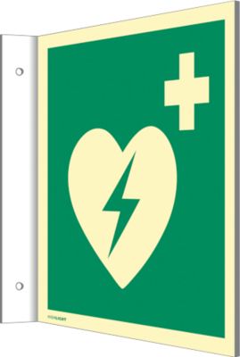 moedel Fahnenschild „Automatischer externer Defibrillator AED“, EN ISO 7010, Leuchtklasse C, 160 mcd/m², bis 14,8 m, L 148 x B 148 mm, Kunststoff