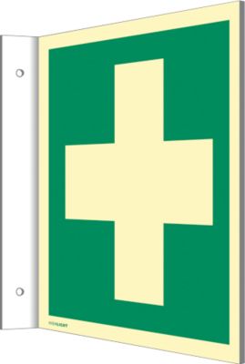 moedel Fahnenschild „Erste Hilfe“, EN ISO 7010, Leuchtklasse C, 160 mcd/m², bis 14,8 m, L 148 x B 148 mm, Kunststoff, grün