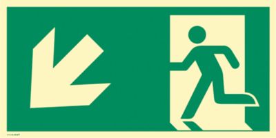 moedel Fluchtwegzeichen „Notausgang links abwärts“, nach ISO 7010 E001, Folie selbstklebend, langnachleuchtend, B 297 x H 148 mm