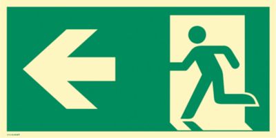 moedel Fluchtwegzeichen „Notausgang links Pfeil links“, nach ISO 7010 E001, Folie selbstklebend, langnachleuchtend, B 297 x H 148 mm
