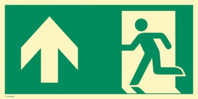 moedel Fluchtwegzeichen "Notausgang links Pfeil oben", nach ISO 7010 E001, Folie selbstklebend, langnachleuchtend, B 297 x H 148 mm