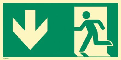 moedel Fluchtwegzeichen "Notausgang links Pfeil unten", nach ISO 7010 E001, Folie selbstklebend, langnachleuchtend, B 297 x H 148 mm