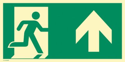 moedel Fluchtwegzeichen „Notausgang rechts Pfeil oben“, nach ISO 7010 E002, Folie selbstklebend, langnachleuchtend, B 297 x H 148 mm