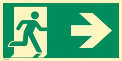 moedel Fluchtwegzeichen „Notausgang rechts Pfeil rechts“, nach ISO 7010 E002, Folie selbstklebend, langnachleuchtend, B 297 x H 148 mm