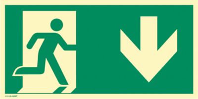moedel Fluchtwegzeichen "Notausgang rechts Pfeil unten", nach ISO 7010 E002, Folie selbstklebend, langnachleuchtend, B 297 x H 148 mm