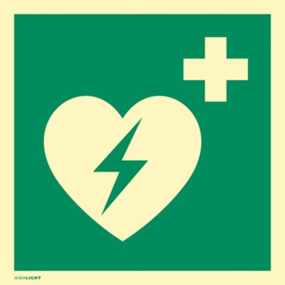 moedel Hinweisschild „Automatischer externer Defibrillator AED“, EN ISO 7010, Leuchtklasse C, 160 mcd/m², bis 14,8 m, L 148 x B 148 mm, Folie, grün