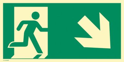 moedel Hinweisschild „Notausgang rechts Pfeil abwärts“, EN ISO 7010, Leuchtklasse C, 160 mcd/m², bis 14,8 m, selbstklebend, L 148 x B 297 mm, Kunststoff, grün