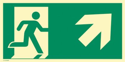 moedel Hinweisschild „Notausgang rechts schräg oben“, EN ISO 7010, Leuchtklasse C, 160 mcd/m², bis 14,8 m, selbstklebend, L 148 x B 297 mm, Folie, grün