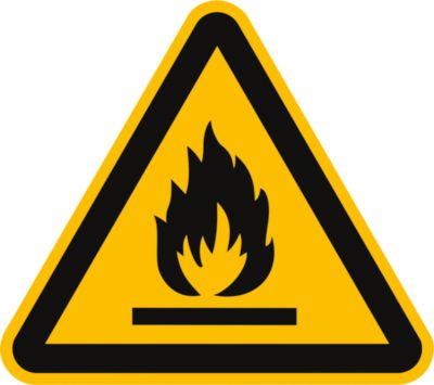 moedel Hinweisschild „Warnung vor feuergefährlichen Stoffen“, EN ISO 7010, bis 3 m, selbstleuchtend, selbstklebend, B 100 mm, Folie, gelb-schwarz