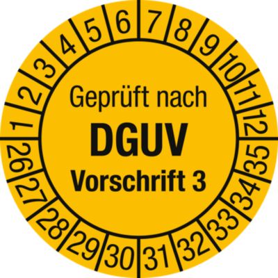 moedel Prüfplaketten „Geprüft nach DGUV Vorsch. 3“, 2026–2035, Folie, Ø 30 mm, 10 Stück/Bogen