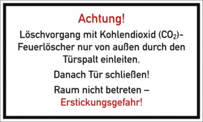 moedel Warnschild „Löschvorgang mit CO2-Feuerlöscher durch Türspalt“, gemäß DGUV 205-034, L 150 x B 250 mm, Folie, weiß-rot-schwarz