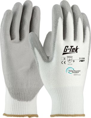 Montagehandschuh G-Tek® 3RX 31-330R, EN 388: 4 1 2 1 X, Nitrilschaum, 90 % Recycling-Kunststoff & 10 % Elastan, weiß-grau, Größe 9, 1 Paar
