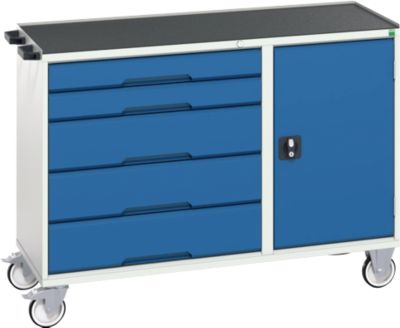 Montagewagen Bott verso, fahrbar, 5 Schübe, bis 50 kg je Schub, Vollauszug, B 1300 x T 550 x H 965 mm, Tür & Abrollrand, Stahlblech, Grau-Blau