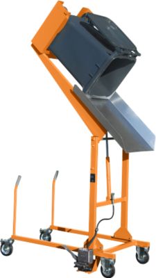 Mülltonnen-Kippstation MKS, für 120 & 240 l Tonnen, Ausschütthöhe 1480 mm, Kippw. 135°, bis 110 kg, Rollen, Fußpumpe, RAL 2000